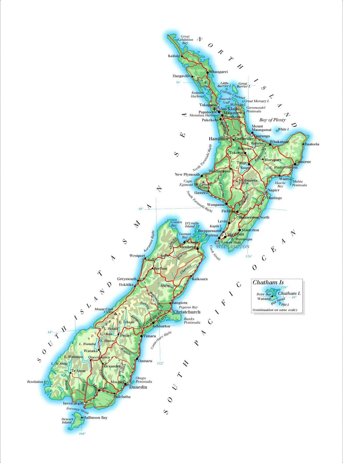 Mapa černé písečné pláže na novém zélandu