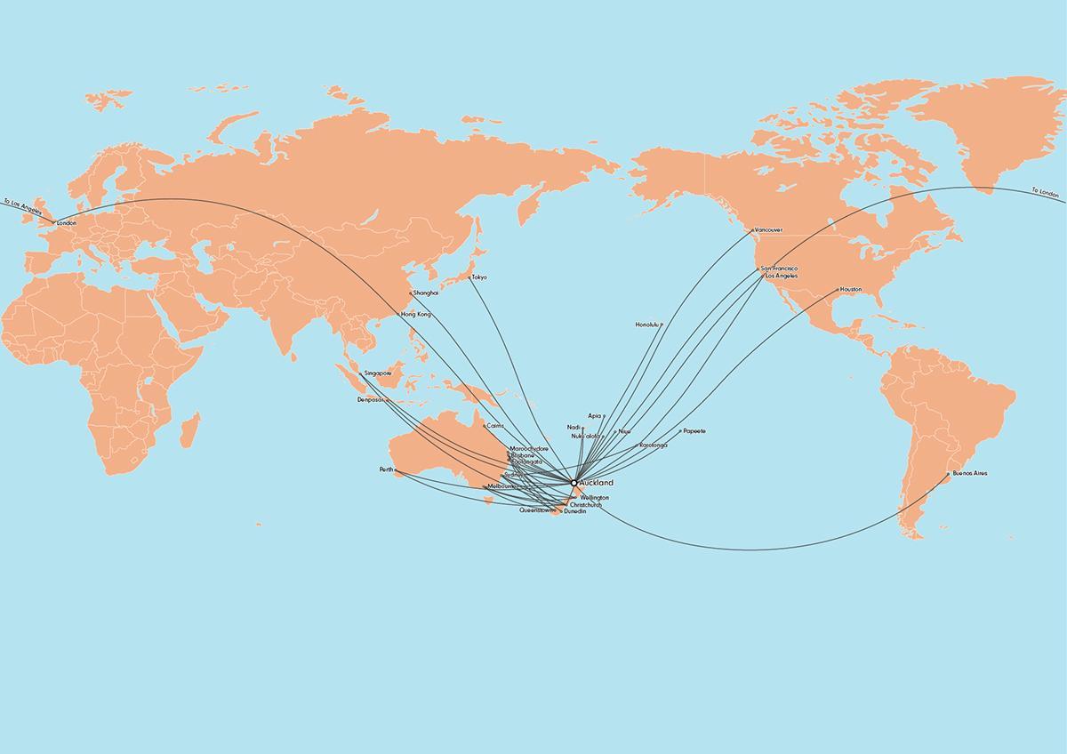 air new zealand mapa trasy mezinárodní