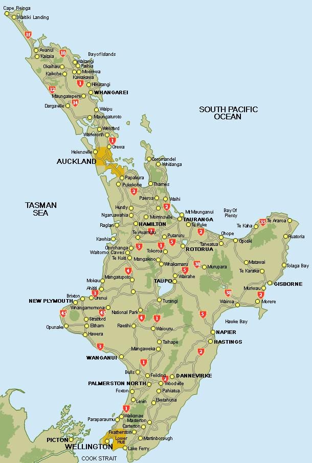 mapa střední, severní ostrov, nový zéland
