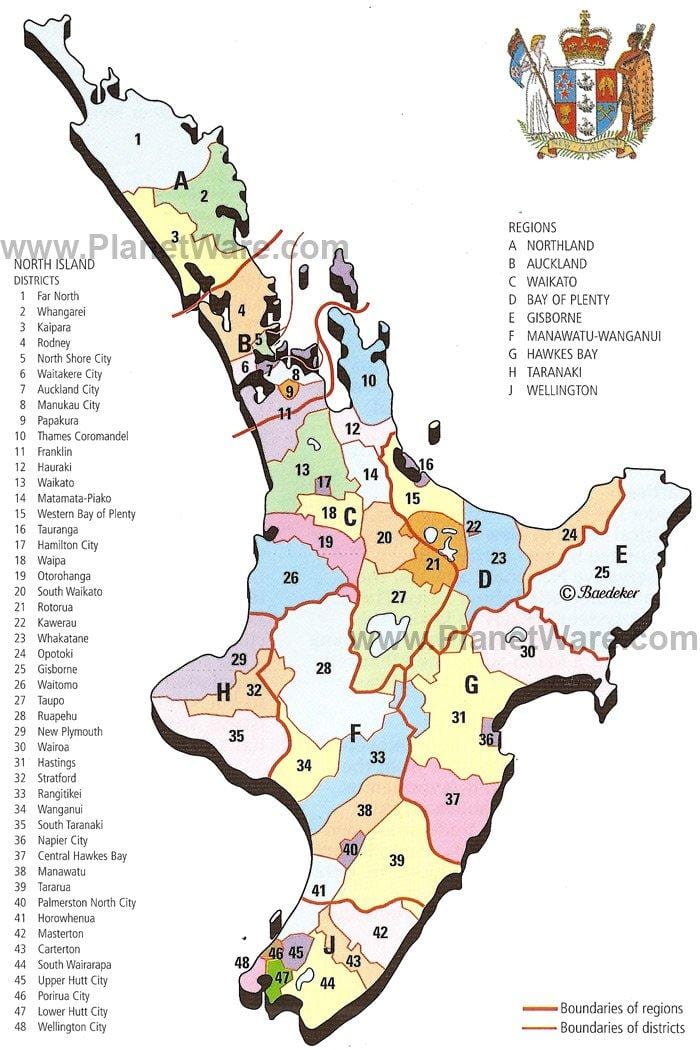 mapa nového zélandu, severní ostrov, regiony a okresy