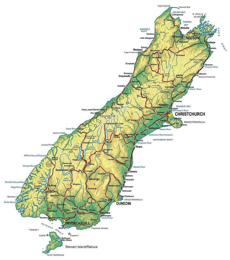 turistická mapa nového zélandu, jižní ostrov