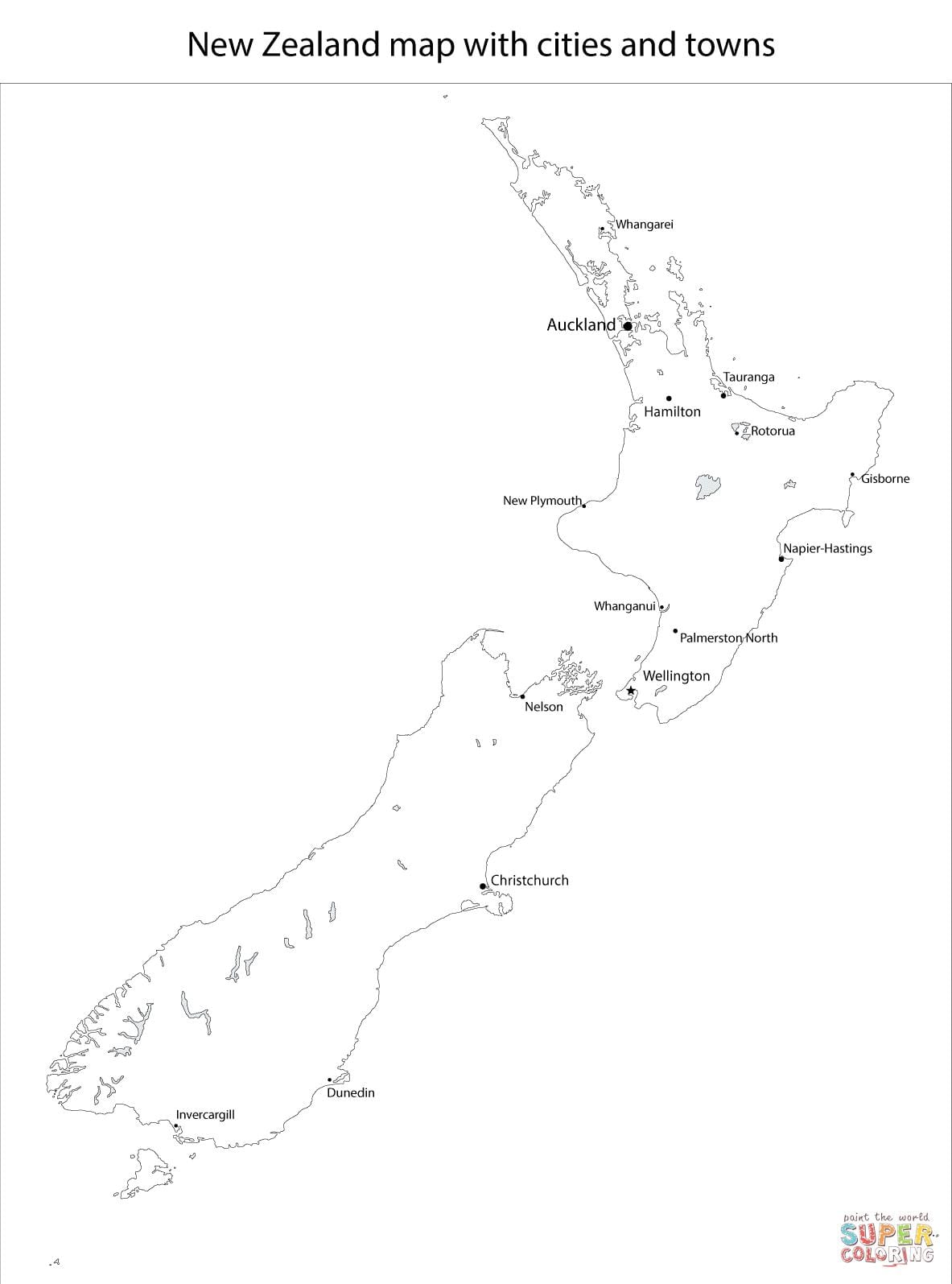 nový zéland mapa s městy a měst