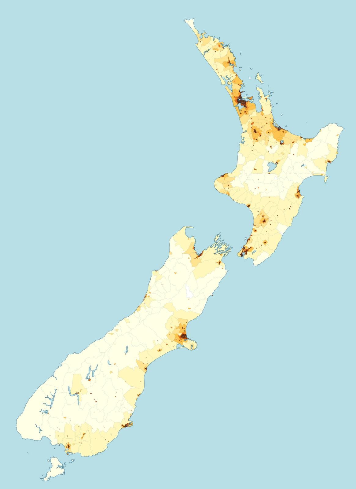 nový zéland mapa hustota obyvatel