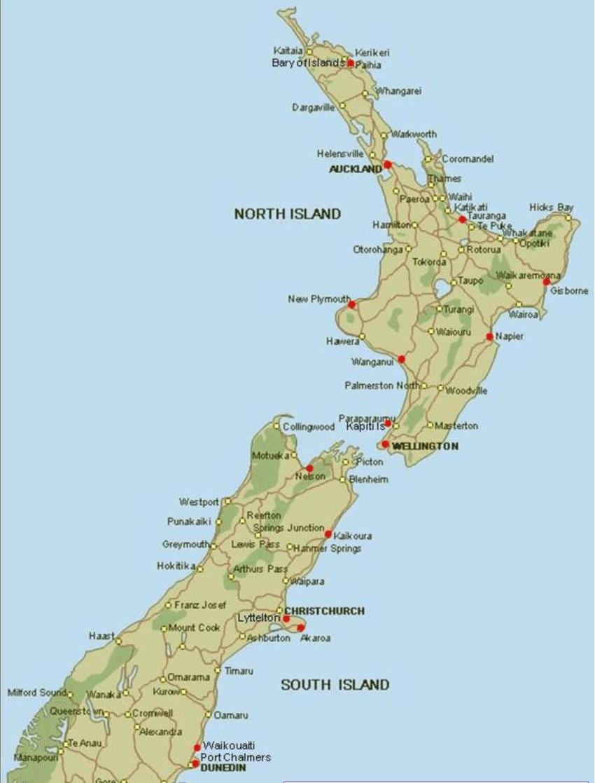 Mapa nového zélandu porty