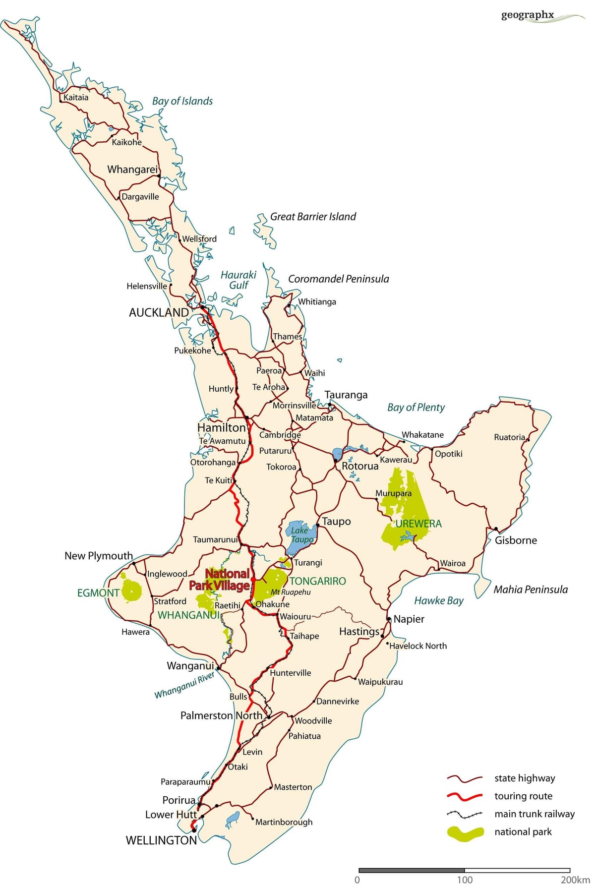 podrobná silniční mapa nového zélandu, severní ostrov