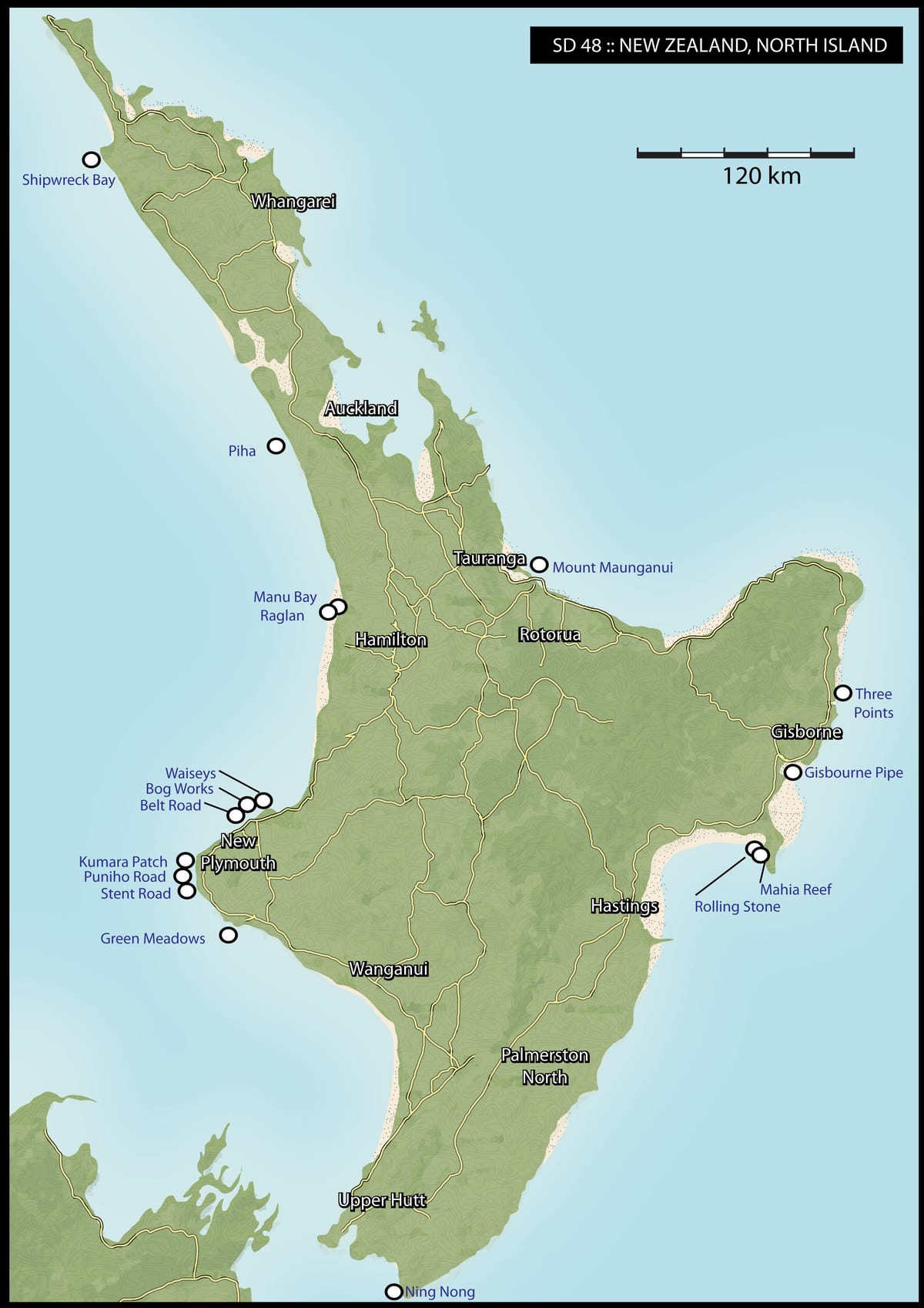 Mapa nového zélandu surf