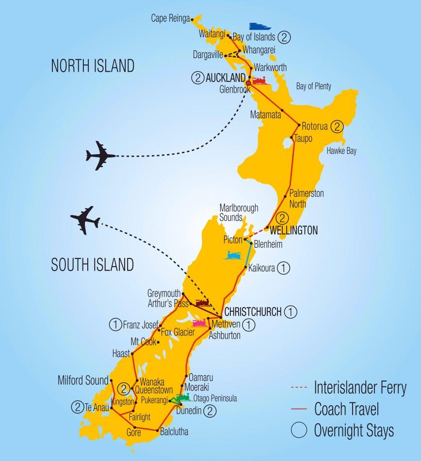 Mapa nového zélandu vlak