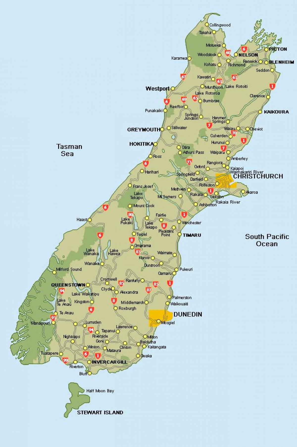 nový zéland mapa jižní island cestovní mapa