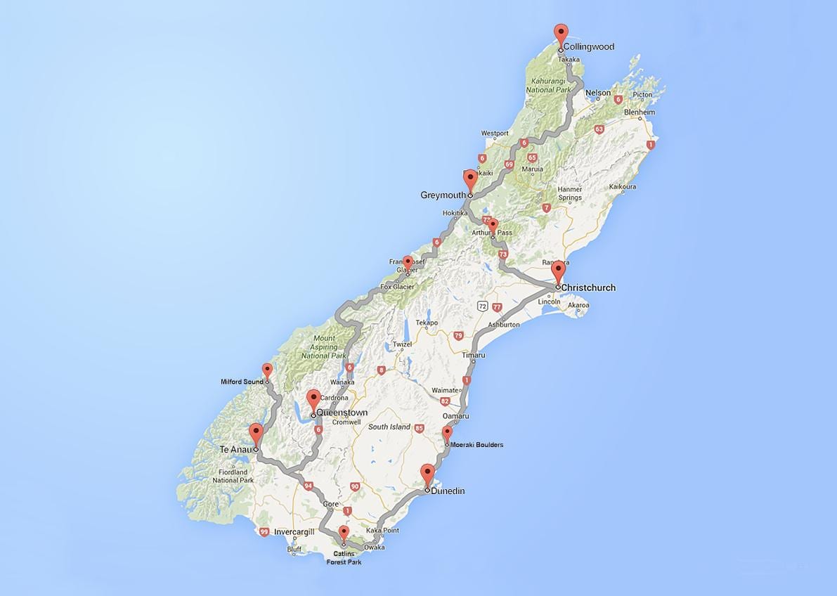 podrobná silniční mapa jižní ostrov, nový zéland
