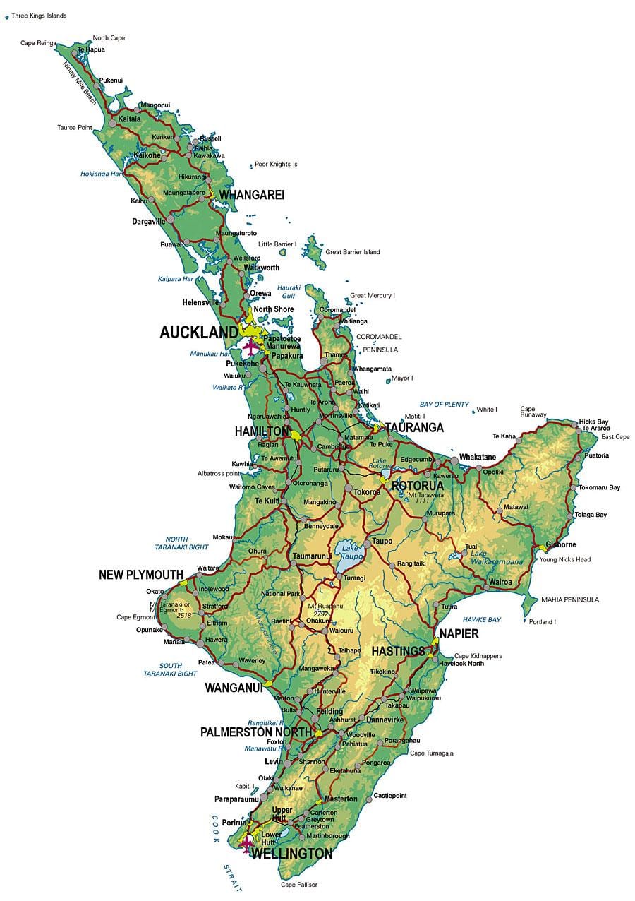 podrobná mapa severní ostrov, nový zéland