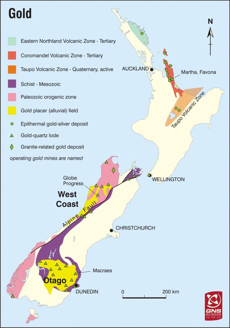 Mapa zlata na novém zélandu