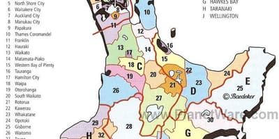 Mapa nového zélandu, severní ostrov, regiony a okresy