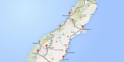 Podrobná silniční mapa jižní ostrov, nový zéland